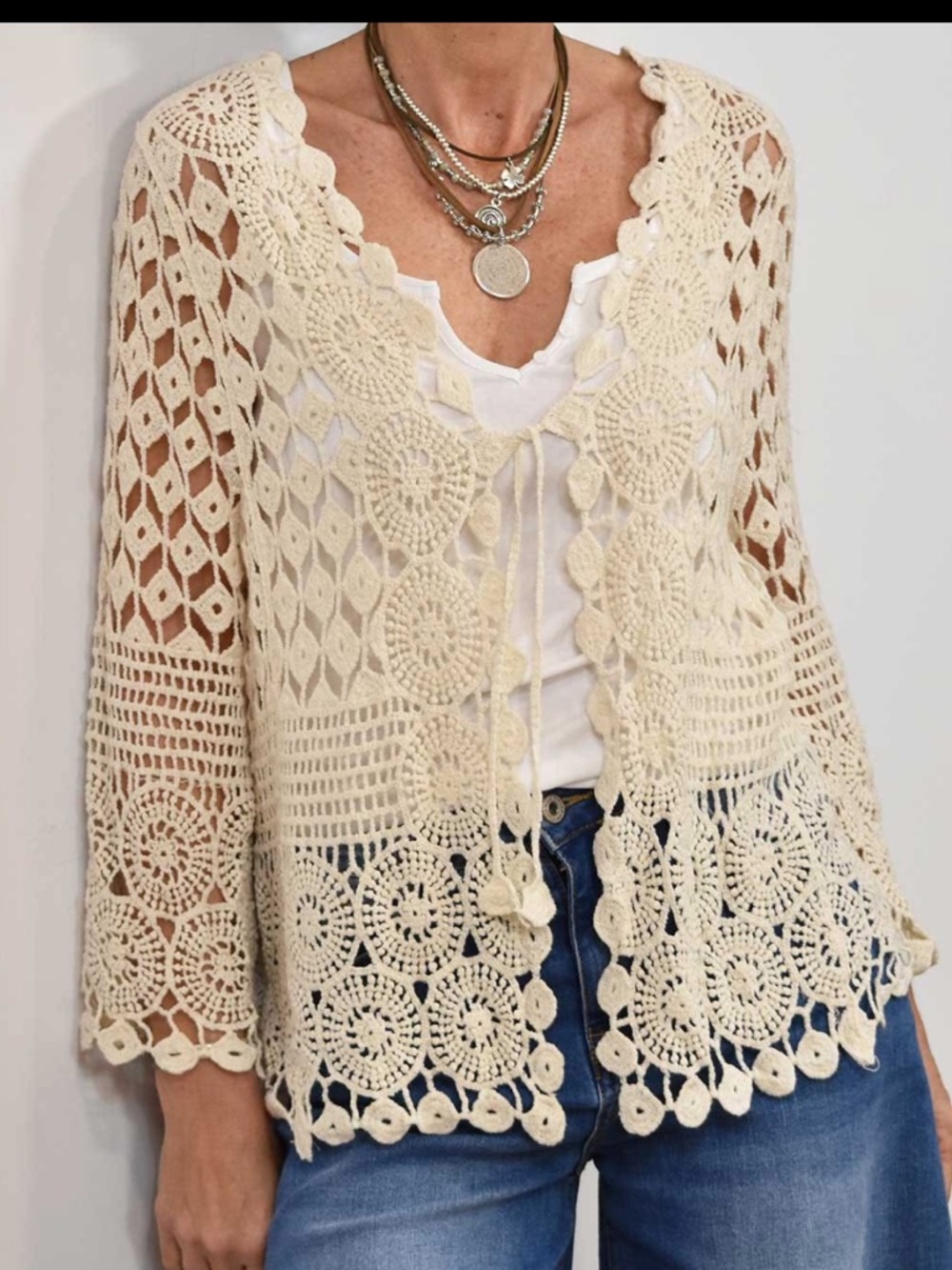 Boho Crochet Open-Front Women's Sweater Cardigan